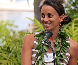 Dr. Noelani Goodyear-Ka‘ōpua, associate professor at UH-Mānoa and a past Mellon-Hawai‘i Postdoctoral Fellow, delivers remarks at the closing reception of the 2013-2014 Mellon-Hawai‘i Induction Weekend.