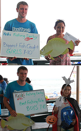 Derby winners receive their prizes from Matt Connelly of Kahalu‘u Bay Education Center. Kasey Barawis (top) caught the Biggest Tilapia in the Girls 7-10 division and Tye Galigo (bottom) took the award for Best Fishing Pole in the Boys 7-10 division.