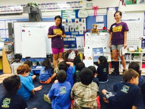 Tara Sakamoto (left) and Marlena Nip lead a class at Moloka‘i Elementary School.