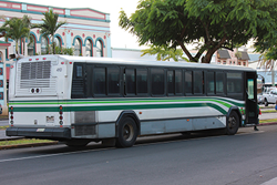 A Hele-On bus awaits passengers at the Mo‘oheau Terminal in downtown Hilo