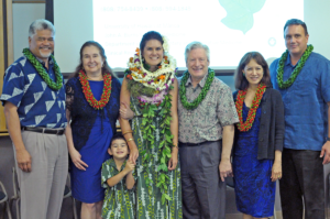Mellon-Hawai‘i doctoral fellow Dr. Kealoha Fox (center) after successfully defending her dissertation, March 13, 2017