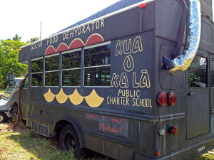 Students at Kua o ka Lā Public Charter School upcycled an old school bus into a sustainable, solar-powered food dehydrator. The dehydrator is being used to produce food grown at the school to feed crews of the Mālama Honua Worldwide Voyage.