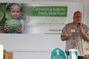 Hawai‘i State Senator Russell Ruderman addresses charter school personnel, farmers, and food producers at our “Meet Your Farmer” mixer in Pāhoa, June 30, 2015.