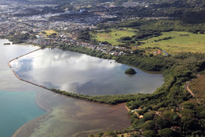 An aerial view of He‘eia Fishpond on O‘ahu. The 88-acre fishpond was built 600 to 800 years ago and is productive today under the management of Paepae o He‘eia. (Photo courtesy Kalei Nu‘uhiwa)