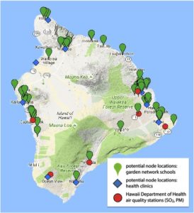 A map of Hawai‘i Island showing locations of existing air quality stations and potential locations at school gardens and community health clinics. 
