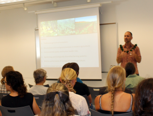 Dr. Albie Miles, assistant professor at the University of Hawai‘i–West O‘ahu, addresses community members and students in the fifth cohort of our Beginning Farmer-Rancher Development Program on November 7 in Honoka‘a. 