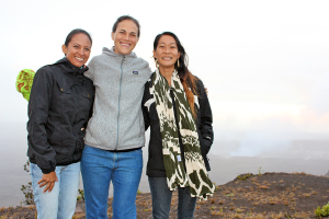 2015–2016 Mellon-Hawai‘i Fellows (left to right) Kahikina Da Silva, Dr. Mehana Vaughan, and Natalie Kurashima at Halema‘uma‘u, Hawai‘i Island
